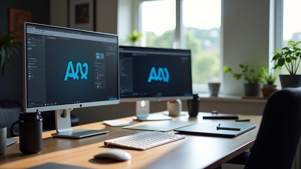 Workspace creativo di MotioBrand Studio con monitor dual, tavoletta grafica e moodboard di brand identity