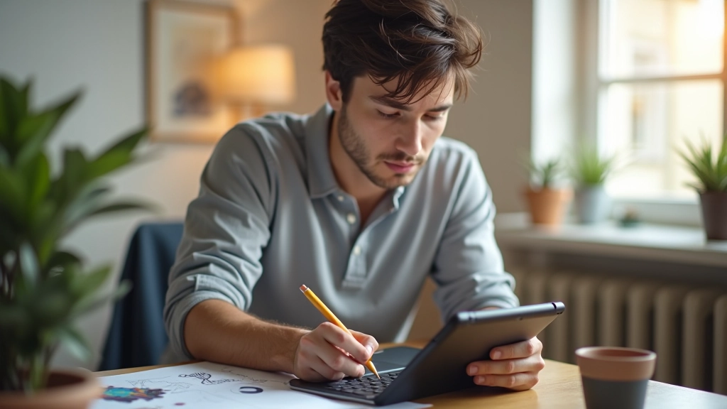 Designer che lavora su animazioni di logo su tablet con stylus, ambiente di studio moderno