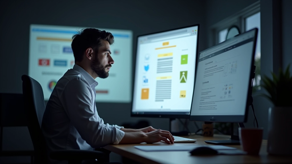 Designer che studia linee guida di brand animation su monitor in ufficio professionale
