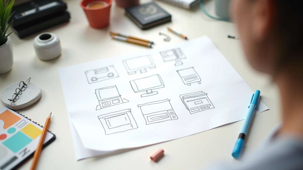 Storyboard con sequenze di animazione logo su carta, sketch e note scritte a mano